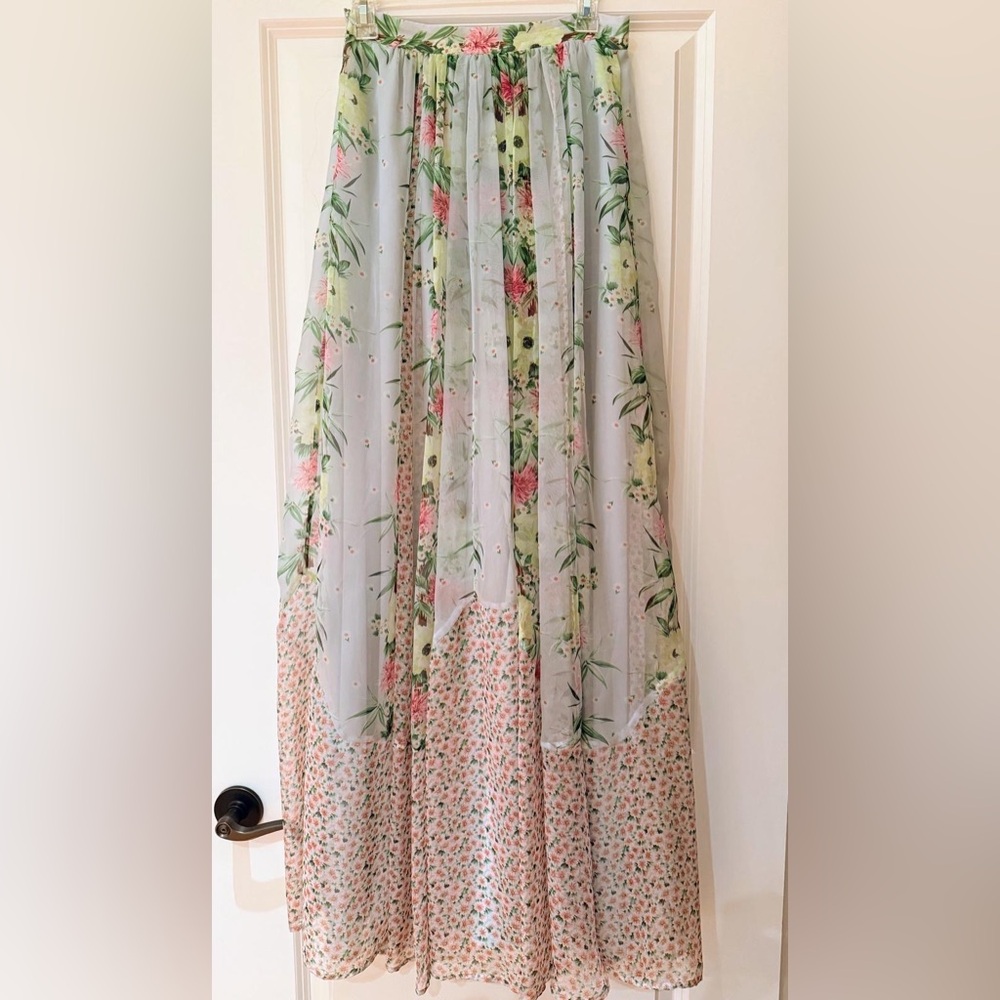 French Connection Floral Patchwork Maxi Skirt - Light Green & Pink